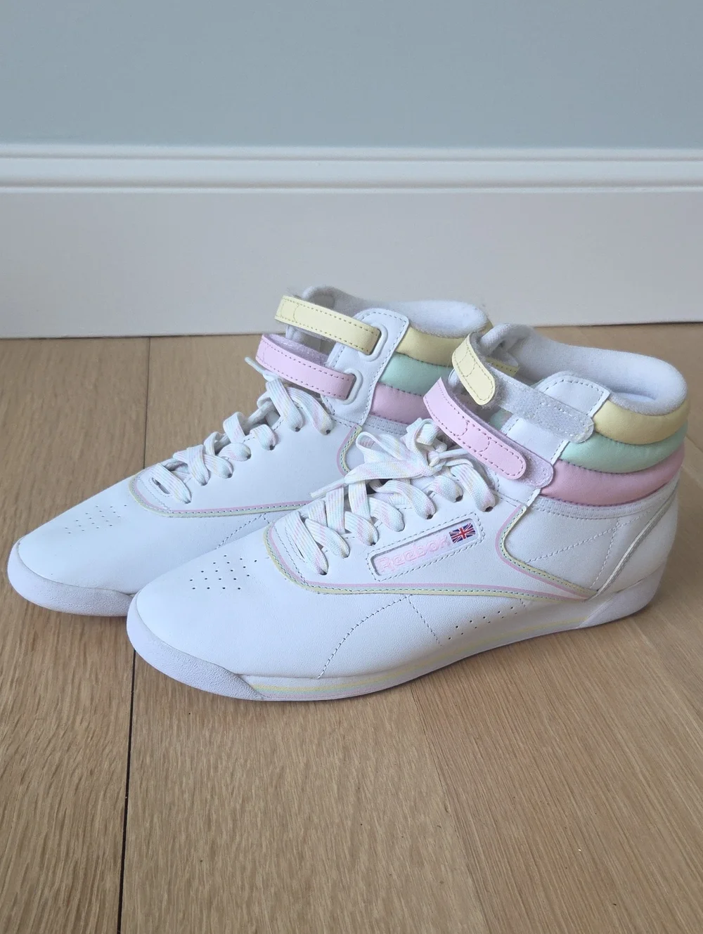 Reebok White High-Top Sneakers with Pastel Pink, Yellow & Mint Accents